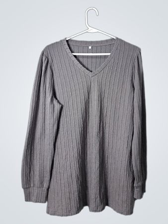 Gray Ribbed V-Neck Sweater