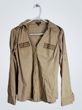 Express Khaki Studded Long-Sleeve Button-Down Shirt