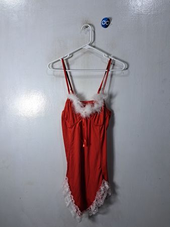 Unbranded Red Satin Babydoll Lingerie with Fur Trim