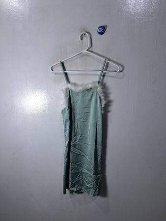 Mint Green Satin Slip Dress with Fur Trim