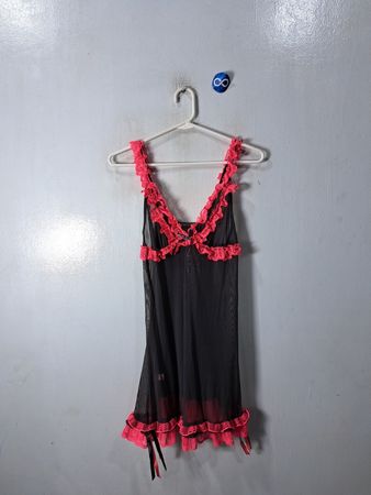 Black Sheer Nightgown with Pink Lace Trim
