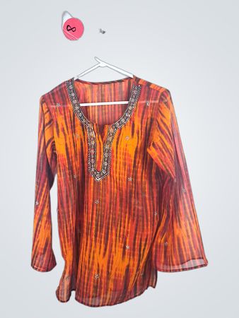 Orange and Red Striped Blouse with Embellished Neckline