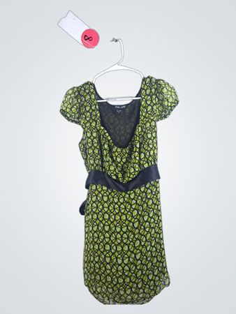 Green Patterned Dress with Black Belt