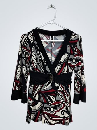Blouse with Black, Red, Gray and White Pattern