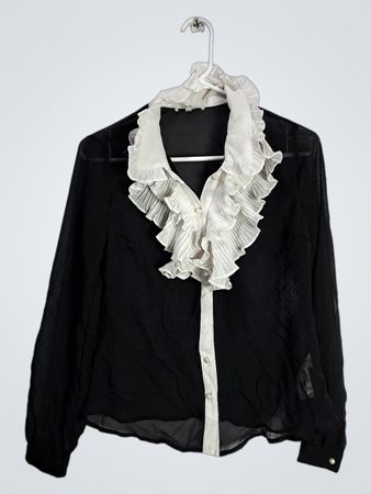 LULUMARI Women's Black Blouse with White Ruffled Collar