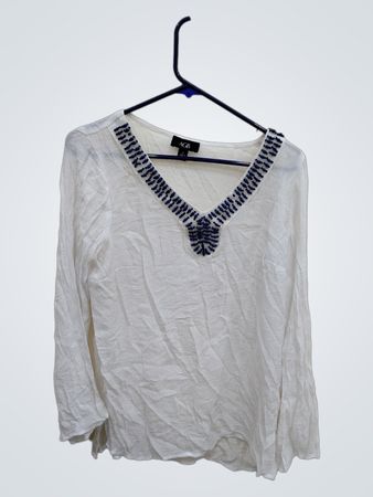 White Long Sleeve Blouse with Blue Beaded Neckline