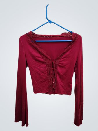 Red Long-Sleeve Top with Lace Trim