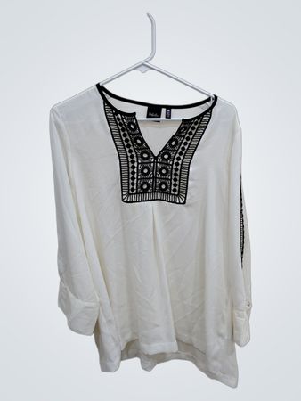Rafella White Blouse with Black Embroidered Neckline