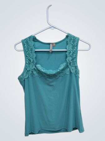 Susan Lawrence Teal Lace Trim Tank Top