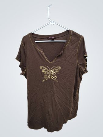 Brown Short Sleeve Top with Butterfly Design