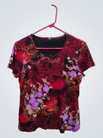 Blouse with Red, Black, and Purple Floral Pattern