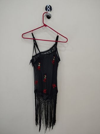 Black Floral Embroidered Cami Top with Fringe