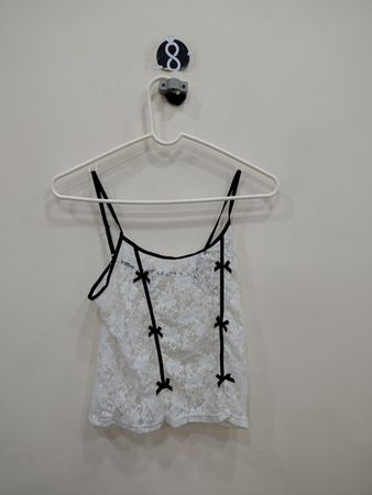 White Lace Top with Black Trim and Bows