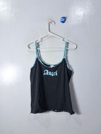 Black Tank Top with Blue Trim and “Angel” Print