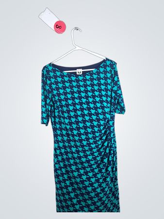ANNE KLEIN Teal and Navy Houndstooth Dress