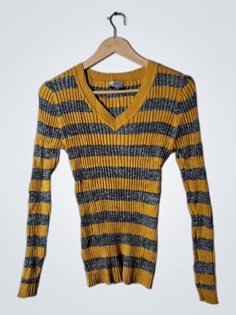Yellow and Gray Striped Long-Sleeve Sweater