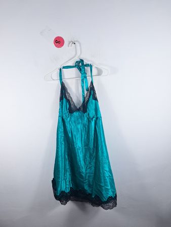 Teal Satin Nightgown with Lace Trim