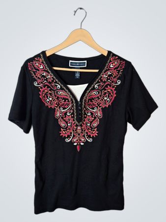Karen Scott Black Embroidered Top
