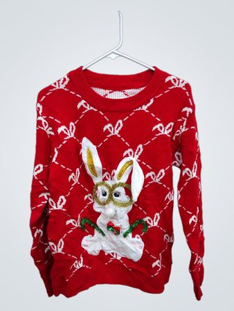Red Knit Sweater with White Pattern and Bunny Design