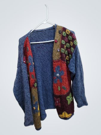 Blue Knit Sweater with Floral Patchwork