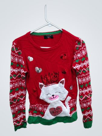 Red Christmas Sweater with Cat and Hearts