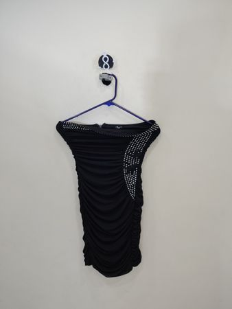 Black Ruched Dress with Rhinestones