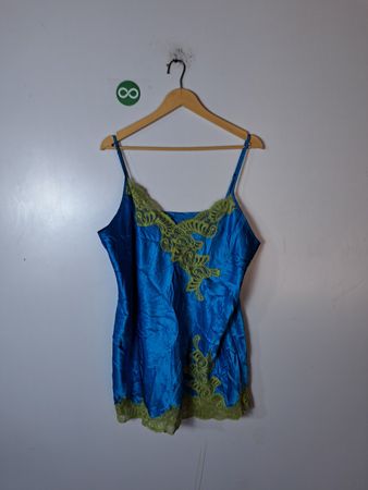 Blue Satin Camisole with Green Lace Trim