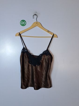 Brown Silk Camisole with Black Lace Trim
