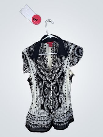 Sunny Leigh Black White Paisley Print Button-Up Blouse