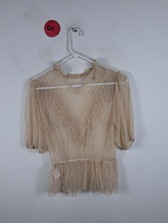 Sheer Beige Blouse with Ruffled Neckline