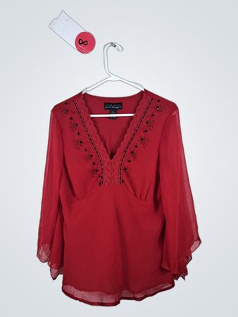 Red Blouse with Embellished V-Neck