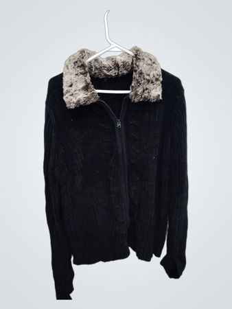 Black Zip-up Knit Jacket with Faux Fur Collar