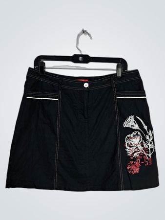 Black Skirt with White Stitching and Floral Design