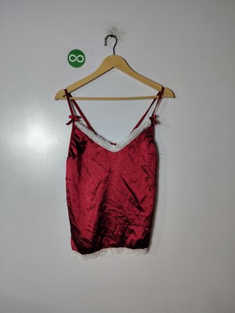 Red Silk Camisole with White Lace Trim