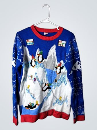 Blue Christmas Sweater with Penguin Design