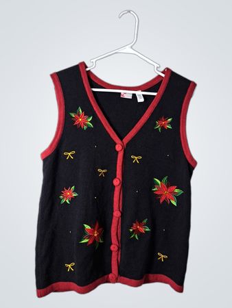 Holiday Editions Black Knit Vest with Red Trim and Floral Embroidery