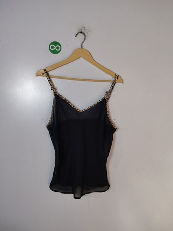 Black Sling Top with Leopard Print Trim