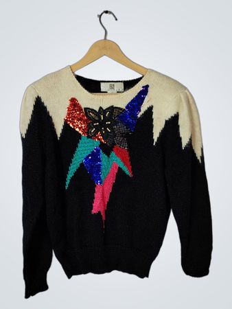 Black and Cream Knit Sweater with Sequin Design