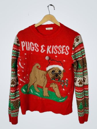 Red Christmas Sweater with Pugs Design