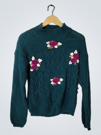 Green Knit Sweater with Floral Embroidery