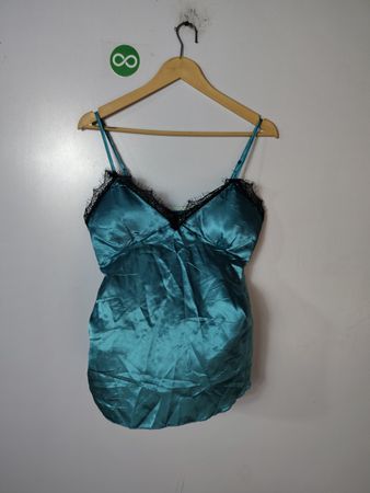 Teal Satin Camisole with Black Lace Trim
