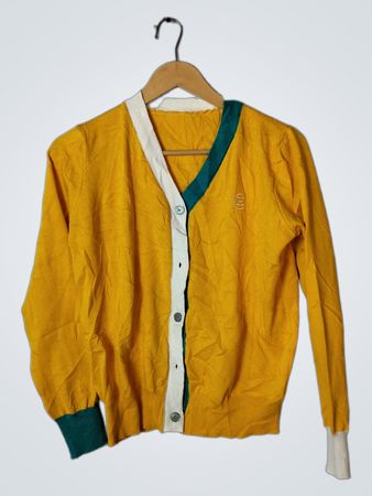 Yellow Cardigan with Green and White Accents