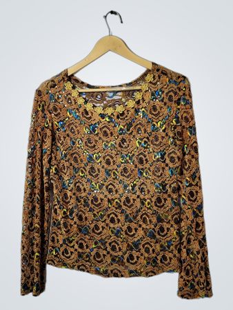 Brown Sequin Floral Lace Long Sleeve Top