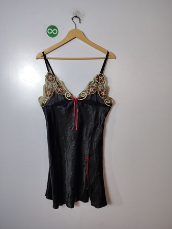 Black Silk Chemise with Floral Embroidery
