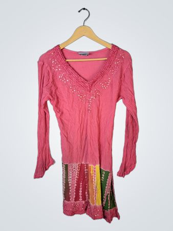 Pink Long Sleeve Blouse with Colorful Hem