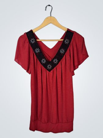 Red Blouse with Black Embellished Neckline