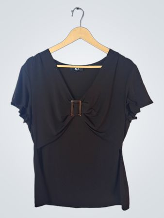 Black Short-Sleeve Top with Belt Detail