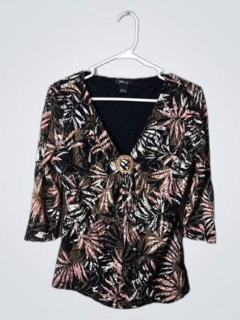 Style & Co. Petite Large Black Lining with Tropical Print Overlay Shirt