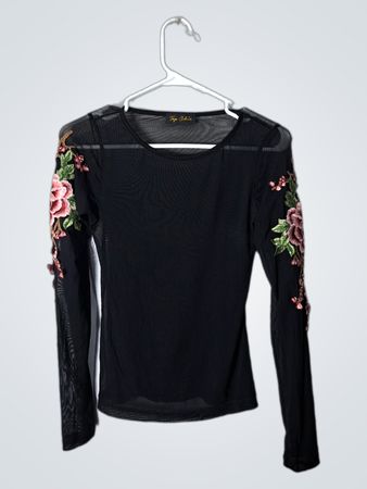 Top Chic Black Floral Mesh Long Sleeve Top