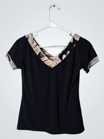 Black Short-Sleeve Top with Patterned Trim